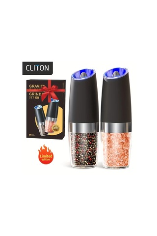 Honeybeeshop 2 Adet Siyah Plastik Gövdeli Elektrikli Tuz Karabiber Değirmeni Otomatik Öğütme Led Işıklı Ahşap