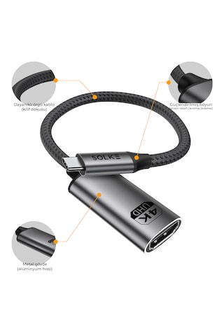 Solke Usb-c To Hdmı Adaptör 0.2 Metre 4k 60hz 18gbps Type-c To Hdmı Çevirici Örgülü Alüminyum