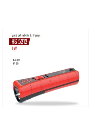 Helios Hs-5212 1w Şarj Edilebilir El Feneri 6400k Beyaz Işık Kırmızı - Siyah