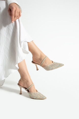 Lebibe Shoes Mına Kadın Bej File Taşlı 7 Cm Topuklu Slingback Sivri Burun Abiye Ayakkabı