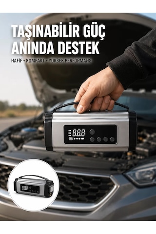 Dijital Göstergeli Akü Takviye Cihazı, Lastik Şişirme, Powerbank Ve Led Işıklı Çok Amaçlı Oto Bakım Cihazı Mh-hs0291-8643