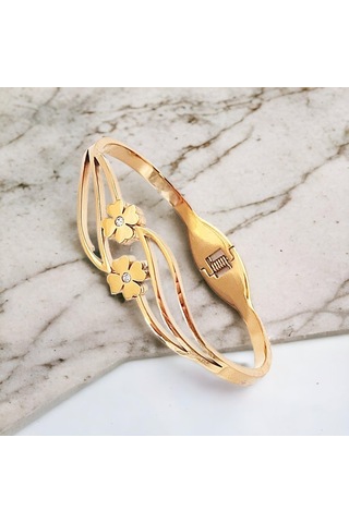 Yonca Temalı Kararmaz Anti Alerjik Gold Çelik Kelepçe Bileklik Şıklığınıza Şans Katın Altın