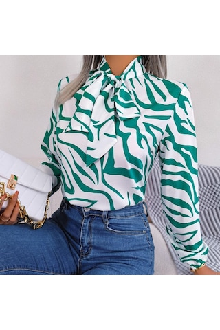 Gmxıa Kadın Modası Rahat Yaz Uzun Kollu V Yaka Bluzlar Ve Mizaç Kontrast Renkli Çizgili Şifon Gömlek Fener Kollu Gömlekler Yeşil