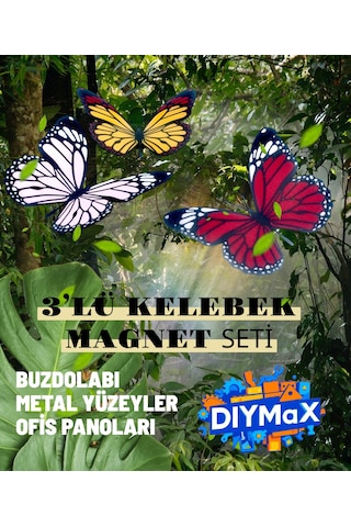 Kelebek Buzdolabı Magneti 3 Lü Set Dekoratif Renkli Kelebek Mıknatıslı Buzdolabı Süsü 3