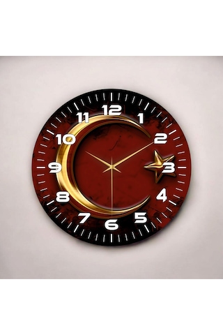 Renkli Baskı Ay Yıldız Desenli Sayılı Hediyelik Ahşap Sessiz Duvar Saati 50cm ÇOk Renkli