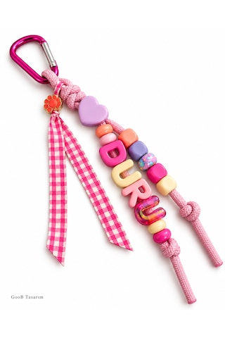 Goob Tasarım Kişiye Özel Isimli Çanta Aksesuarı Pastel Renkli Kalp Ve Kurdele Detaylı Charm Çok Renkli