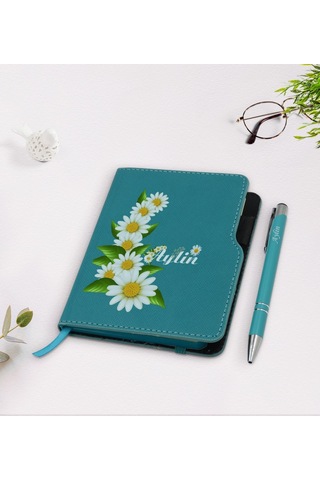 Kişiye Özel Papatya Temalı Turkuaz Termo Deri Defter Kalem Seti-8