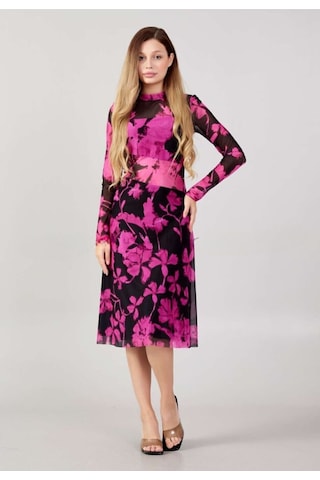 Explosion Uzun Kol Midi Şeffaf Elbise - Çiçek Desenli - Bohemian Stil Fuşya