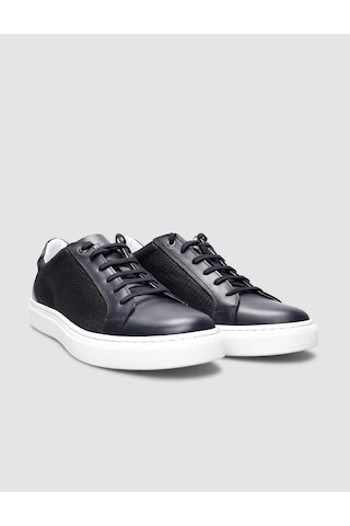 %100 Hakiki Deri Lacivert Kare Desenli Bağcıklı Erkek Sneaker-lacivert Lacivert