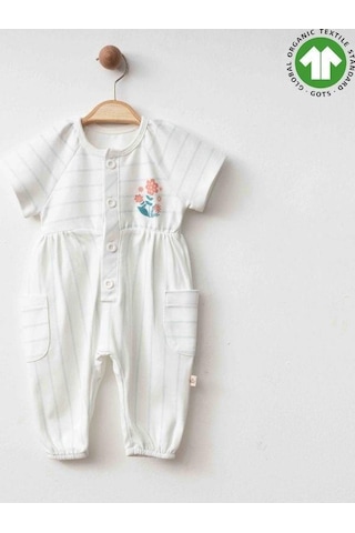 Zekids Kız Bebek Organik Pamuklu Çizgili Kısa Kol Paçası Lastikli Tulum-15917 Beyaz