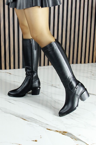 Erkan Saçmacı Siyah Hakiki Dana Derisi Streç Tokalı Fermuarlı Sivri Burun Kalın Topuklu Çizme Siyah