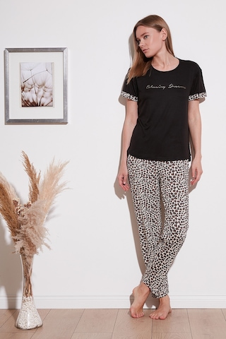 Lela Yumuşak Dokulu Bisiklet Yaka Bayan Pijama Takımı 6097605 Siyah-Leopar