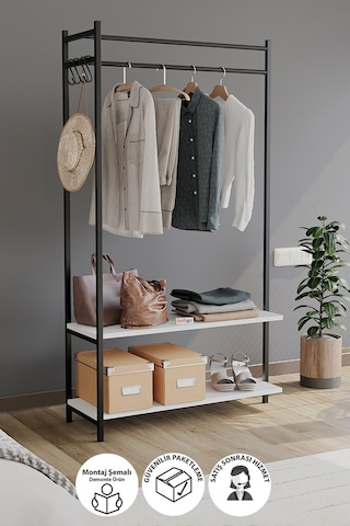 Bofigo Konfeksiyon Askısı Ayaklı Askılık Elbise Askılığı Raflı Askılık Jüpiter Beyaz Beyaz