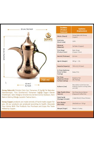 Mırra Orta Boy Bakır Arap Çaydanlık Sütlük 700 Ml Bakır