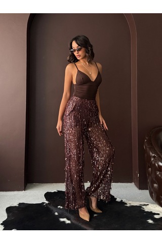 Verymoda Pullu Tül Pantolon F1611 Kahve