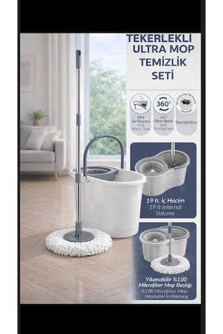 Tekerlekli Ultra Mop Temizlik Seti- 19 Lt Geniş Hazne & 360 Döner Başlıklı Paslanmaz Çelik Saplı