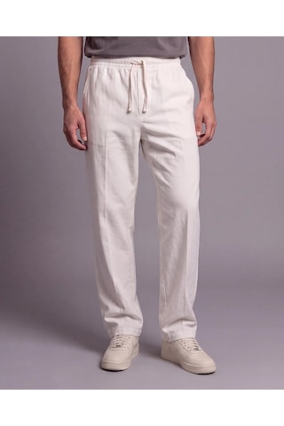 DefyModa Erkek Rahat Kalıp Keten Pantolon Beyaz