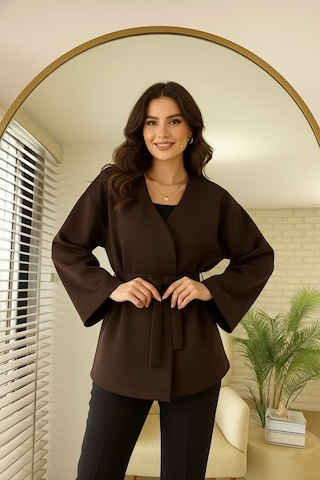 Unika Boutique Kadın Yeni Sezon Kuşaklı Scuba Ceket Kimono Tunik Oversize Trend Rahat Modern Tesettüre Uygun Kahverengi
