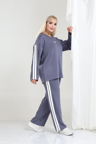 Kadın Büyük Beden Uzun Kollu Şerit Detaylı Oysho Tarzı Modal Kumaş Takım Gri