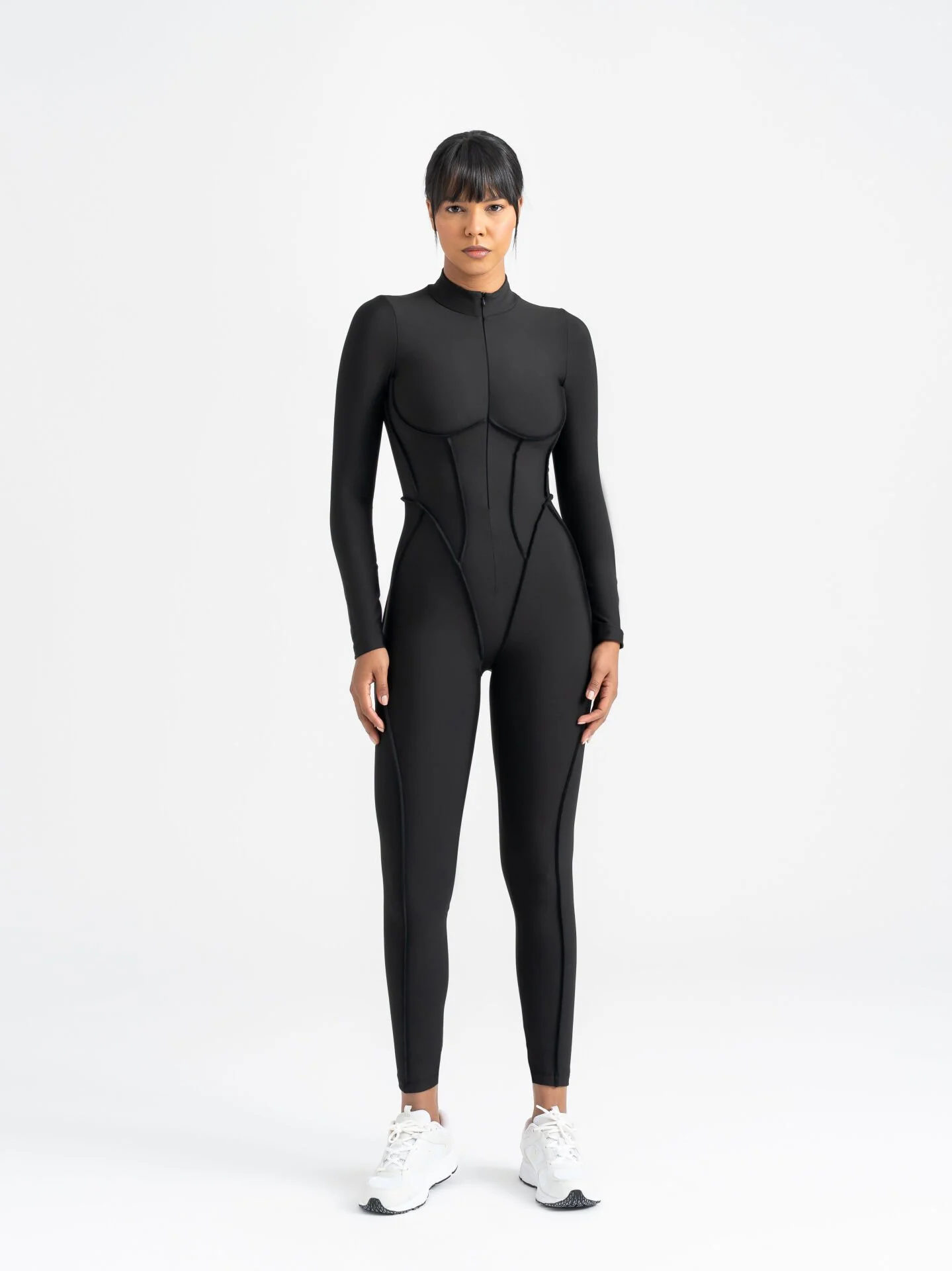 Dikişle Modellenmiş Spor Tayt Tulum Siyah Koyu