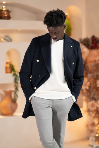 Paul Martin İtalyan Yaka Yünlü Kruvaze Kaşe Kaban Lacivert