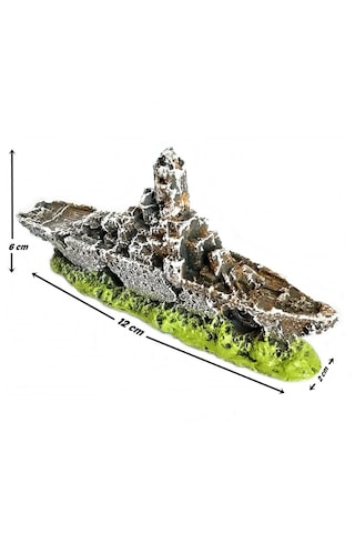 Balıkpet Harabe Batık Savaş Gemisi Akvaryum Dekoru Yeşil 12 CM