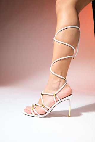 Luvishoes Open Beyaz Cilt Kadın Bilekten Bağlamalı Yüksek Topuklu Ayakkabı Beyaz