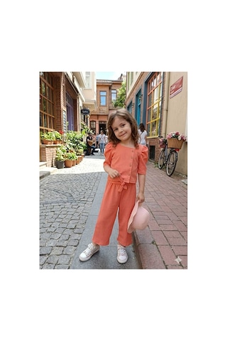 Bubiee Baby Kız Çocuk Soman Düğme Detaylı Bürümcük Crop Ve Pantolon Alt Üst Takım Turuncu