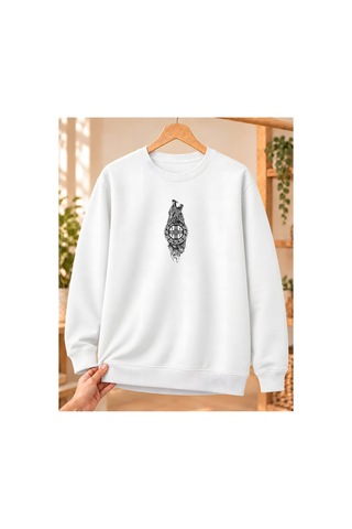 Mor Mürekkep Uluyan Bozkurt Ve Dairesel Tamga Baskılı Bisiklet Yaka Sweatshirt - Beyaz