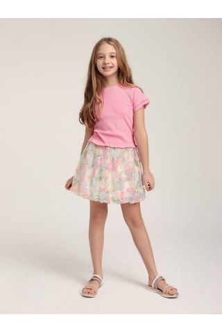 Kız Çocuk Bel Lastikli Tül Çiçek Desenli Balon Etek-15619 Çok Renkli