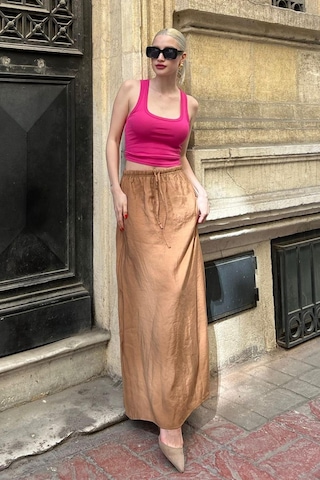 Madmext Camel Beli Lastikli Uzun Kadın Etek Mg1979 Camel