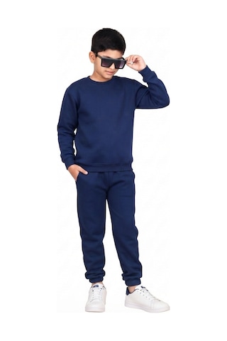 Erdem Kıds Unisex Kız-erkek Çocuk Paçası Lastikli 3 İplik Şardonlu Pamuklu Basic Bisiklet Yaka Okul Eşofman Takımı Lacivert Lacivert