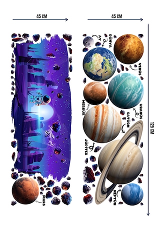 Uzay Temalı Çocuk Odası Duvar Sticker Seti Astronot, Gezegenler & Asteroit 01