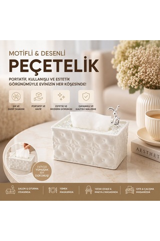 Barotti Dmr-9916 Yaylı Dekoratif Dikdörtgen Peçetelik - 18.4x12.5x9 Cm, Beyaz