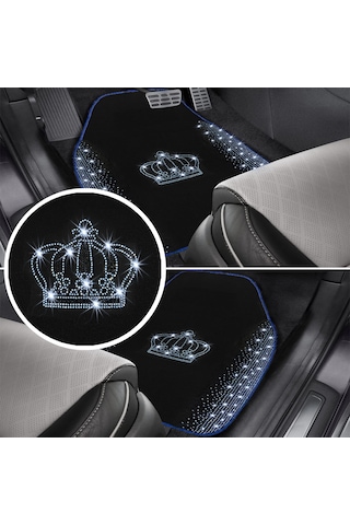 Kristal Taşlı Taç Desenli Işıltılı 5 Li Araç Oto Halı Paspas Seti Lüks & Şık Araç İçi Tasarım