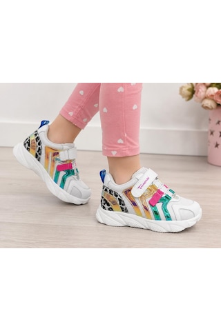 Papucumun Dünyası Kız Çocuk Hakiki Deri Çok Renkli Şık Sneaker Beyaz