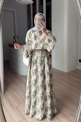 Kahijab Çiçek Desenli Yarasa Kol Astarlı Elbise - Haki