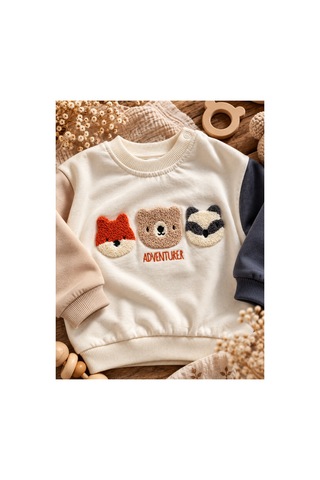Omeca Concept Hayvan Figürlü Erkek Bebek 2 Li Sweatshirt Eşofman Takımı Bej