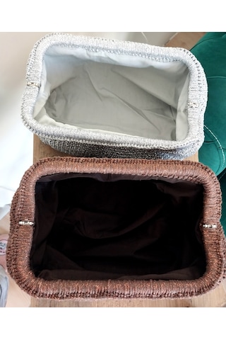 Parlak Tutmalı El Çantaları , El Yapımı Işıltılı Clutch, Örgü El Çantası Kahverengi