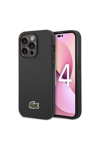 Apple Uyumlu iPhone 14 Pro Max Kılıf Lacoste Lisanslı Pu Pike Desenli İkonik Timsah Dokuma Logolu Siyah