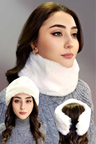 Tezzgelsin Kadın Vegan Kürk Boyunluk Bandana Beyaz
