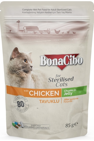 Bonacibo Tavuk Etli Jelly Pouch Kısırlaştırılmış Yetişkin Kedi Yaş Maması 12 x 85 G