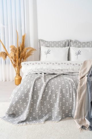Mode Gri Nakışlı Çift Kişilik Nevresimli Battaniye Seti - 8 Parça Çeyiz Seti Gri