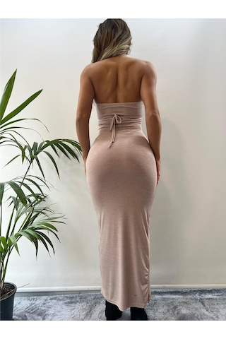 Pink Life Bej Buzzy Kumaş Bağlamalı Göğüs Dekolteli Maxi Boy Elbise Bej