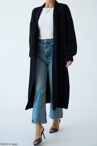 Miss Beyoğlu Kadın Oversize Uzun Triko Hırka Pembe, Taş, Bej , Siyah , Kahve , Sarı , Bebe Mavi-standart Beden Siyah