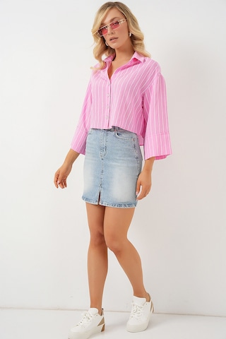 Bigdart Kadın Çizgili Oversize Kısa Gömlek 20326 - Pembe