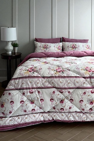 Alla Turca Çift Kişilik 4 Yastık Kılıflı Lastikli Çarşaflı Çift Taraflı Desenli Uyku Seti-kanaviçe Gül Kurusu Gülkurusu