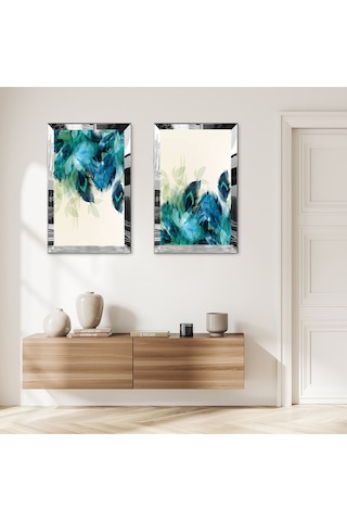 Gümüş Aynalı Pleksi Çerçeveli Su Yeşili Soyut Desen Modern İkili Mdf Tablo Seti