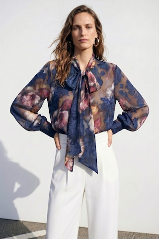 Sateen Fularlı Desenli Gömlek - Lacivert-137420