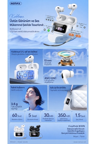 Remax Cozypods W30N Bluetooth 5.4 Dokunmatik Ekranlı Kulak İçi Kulaklık